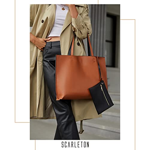 Reversible Leather Tote Bag for Women - Camel/Black