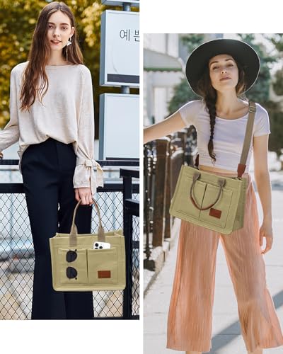 Khaki Canvas Tote Bag with Pockets for Women