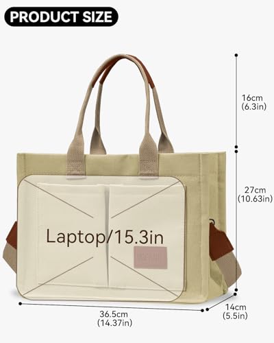 Khaki Canvas Tote Bag with Pockets for Women