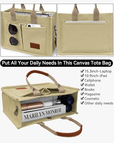 Khaki Canvas Tote Bag with Pockets for Women