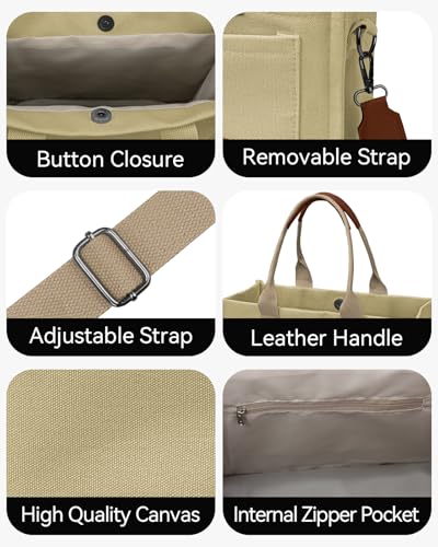 Khaki Canvas Tote Bag with Pockets for Women
