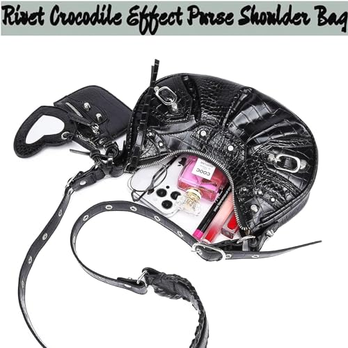 Rivet Shoulder Bag with Crocodile Effect - Black
