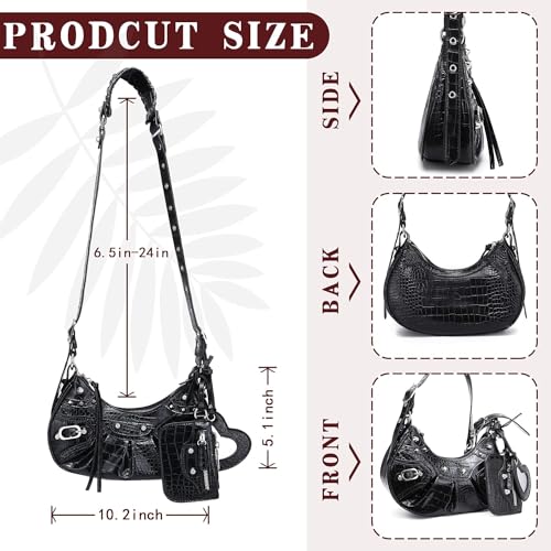 Rivet Shoulder Bag with Crocodile Effect - Black