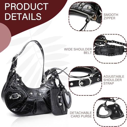 Rivet Shoulder Bag with Crocodile Effect - Black