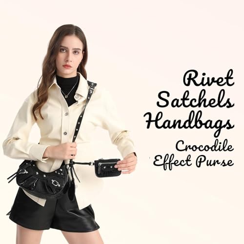 Rivet Shoulder Bag with Crocodile Effect - Black