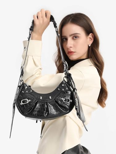 Rivet Shoulder Bag with Crocodile Effect - Black