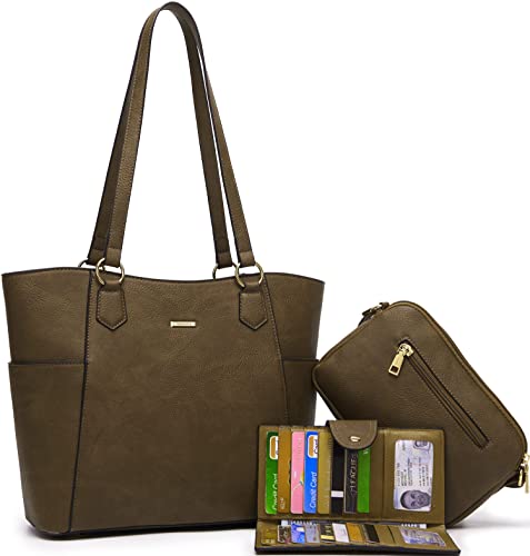 Dark Khaki Tote Handbag and Wallet Set