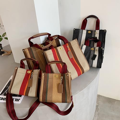 Color Contrast Stripe Canvas Messenger Tote Bag