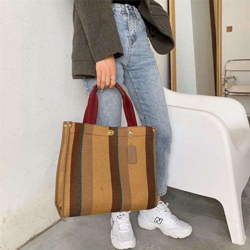 Color Contrast Stripe Canvas Messenger Tote Bag