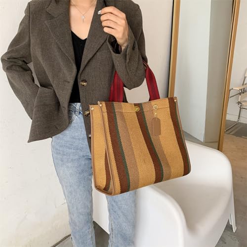 Color Contrast Stripe Canvas Messenger Tote Bag