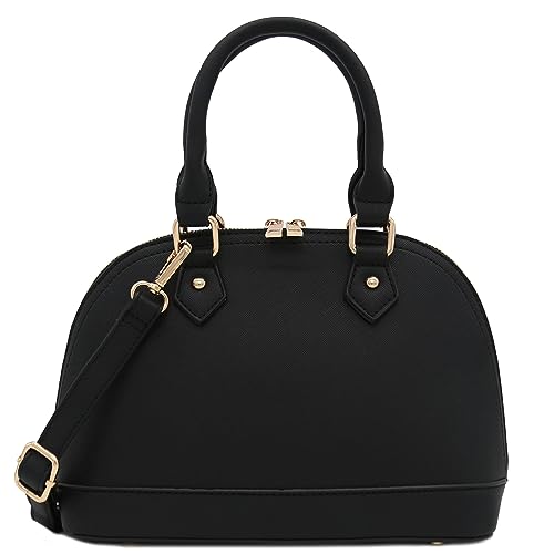 Black Saffiano Dome Satchel with Zipper Detail