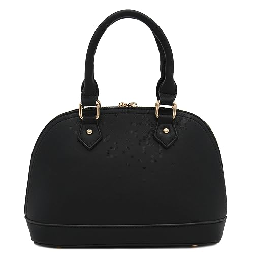 Black Saffiano Dome Satchel with Zipper Detail