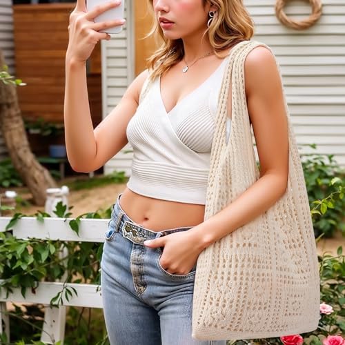 Large Apricot Knitted Shoulder Tote Bag