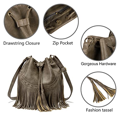 Fringe Tassel Leather Bucket Bag for Women