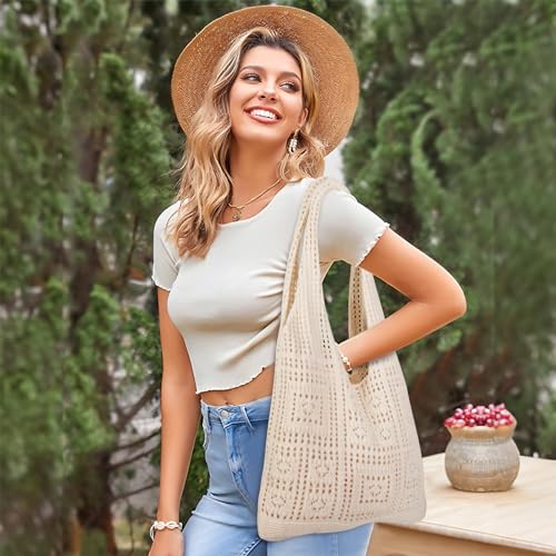 Large Apricot Knitted Shoulder Tote Bag