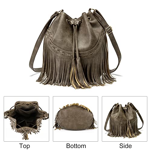 Fringe Tassel Leather Bucket Bag for Women