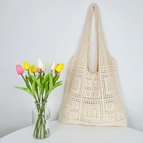 Large Apricot Knitted Shoulder Tote Bag