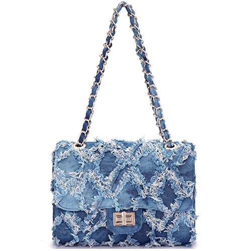 Quilted Denim Clutch Bag with Chain Strap