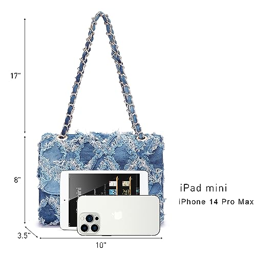 Quilted Denim Clutch Bag with Chain Strap