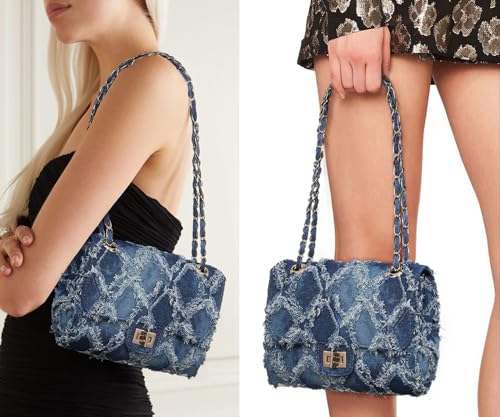 Quilted Denim Clutch Bag with Chain Strap