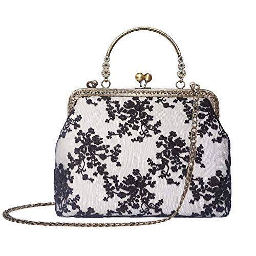 Vintage Lace Kiss Lock Evening Handbag with Chain