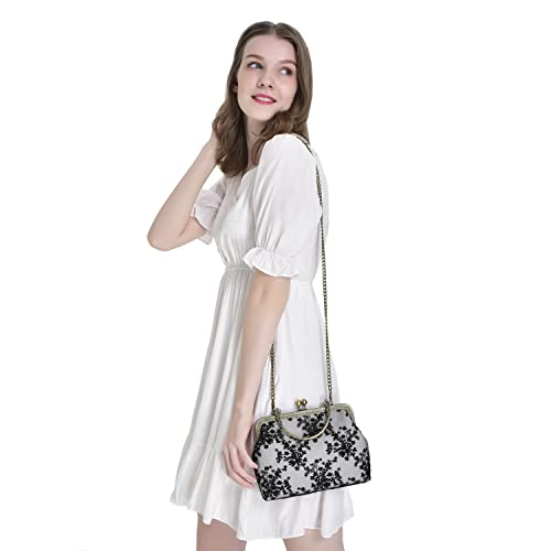 Vintage Lace Kiss Lock Evening Handbag with Chain