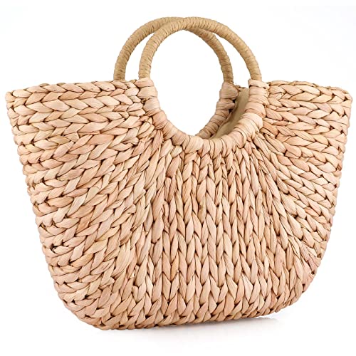 Khaki Hand-Woven Rattan Tote Bag for Women