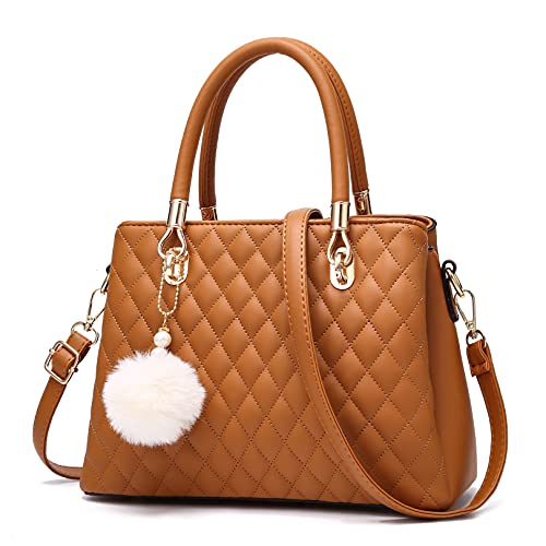 Brown Leather Handbags with Pompon for Women