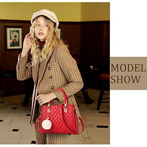 Brown Leather Handbags with Pompon for Women