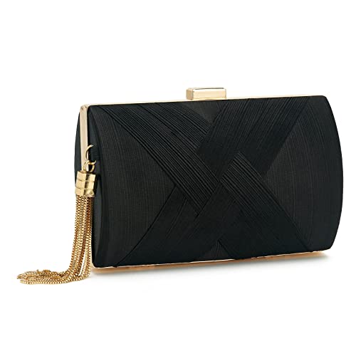 WEIMZC Satin Fringed Black Evening Handbag