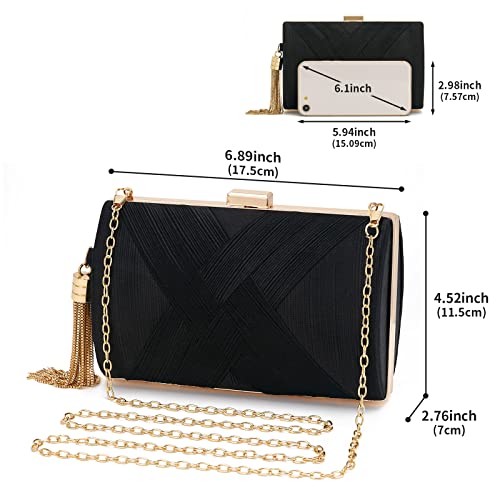 WEIMZC Satin Fringed Black Evening Handbag