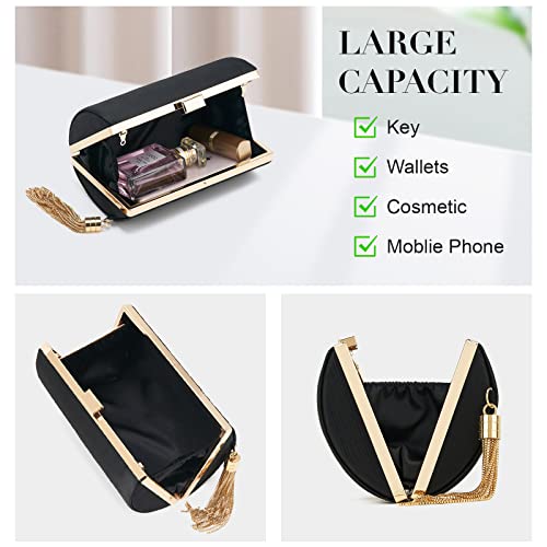 WEIMZC Satin Fringed Black Evening Handbag
