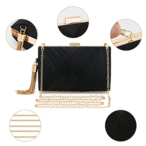 WEIMZC Satin Fringed Black Evening Handbag