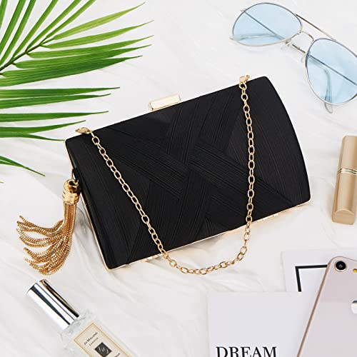 WEIMZC Satin Fringed Black Evening Handbag