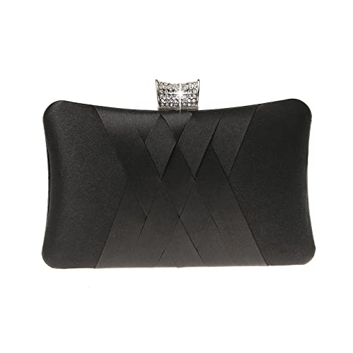Elegant Black Satin Diamante Clutch Evening Handbag