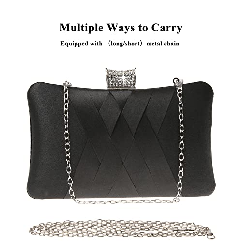 Elegant Black Satin Diamante Clutch Evening Handbag