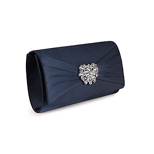 Navy Satin Pleated Rhinestone Clutch Bag