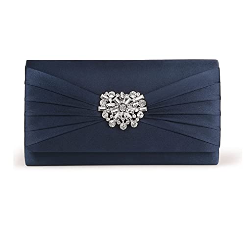 Navy Satin Pleated Rhinestone Clutch Bag