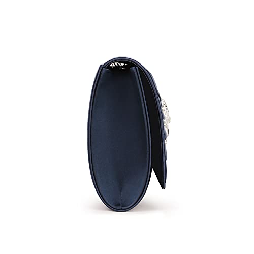 Navy Satin Pleated Rhinestone Clutch Bag