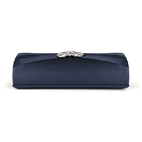 Navy Satin Pleated Rhinestone Clutch Bag