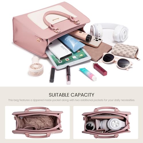 LOVEVOOK Women's Leather Tote Handbag, Pink & Beige