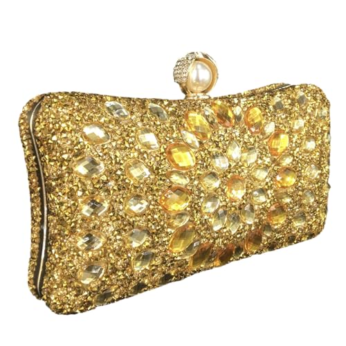 Elegant Pearl Clasp Gold Crystal Evening Clutch