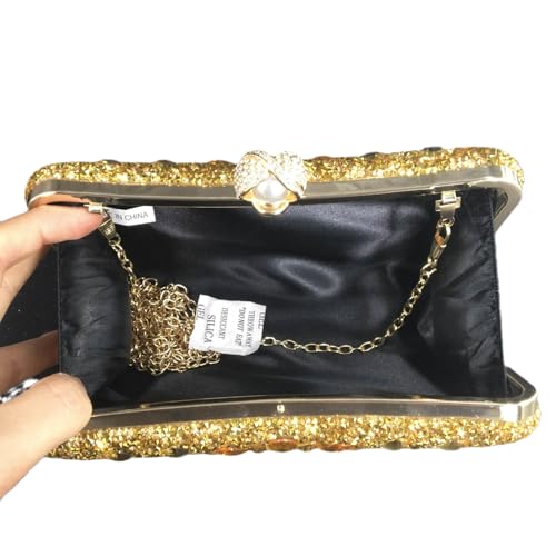 Elegant Pearl Clasp Gold Crystal Evening Clutch