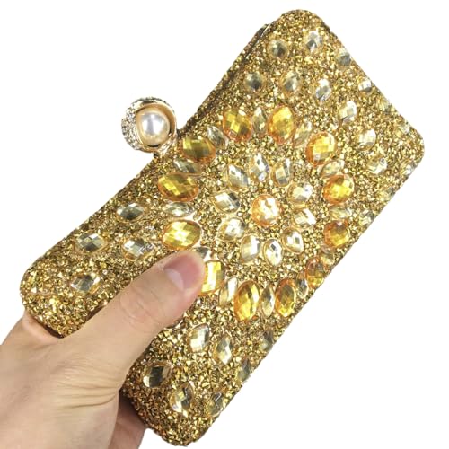 Elegant Pearl Clasp Gold Crystal Evening Clutch