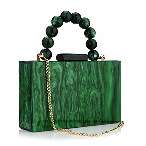Dark Green Acrylic Clutch Bag with Pearl Chain