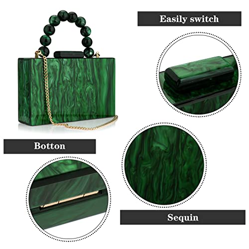 Dark Green Acrylic Clutch Bag with Pearl Chain