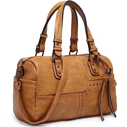 Vegan Leather Large Barrel Shoulder Hobo Handbag (Tan)