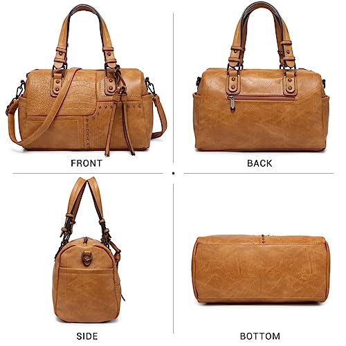 Vegan Leather Large Barrel Shoulder Hobo Handbag (Tan)