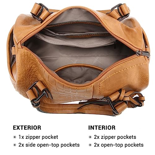 Vegan Leather Large Barrel Shoulder Hobo Handbag (Tan)