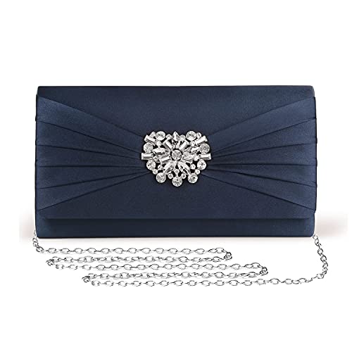 Navy Satin Pleated Rhinestone Clutch Bag